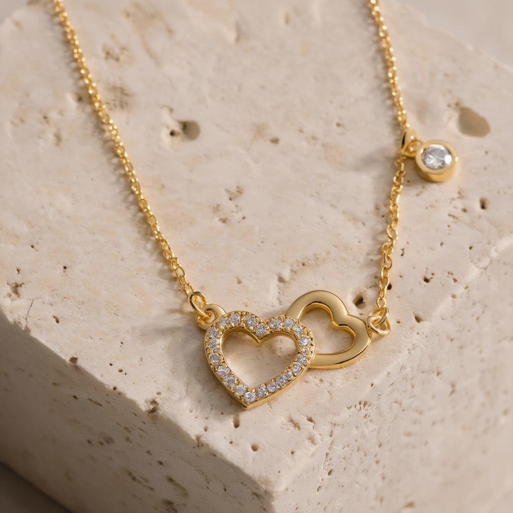 Fio Amor Eterno em Prata Dourada com Dois Corações