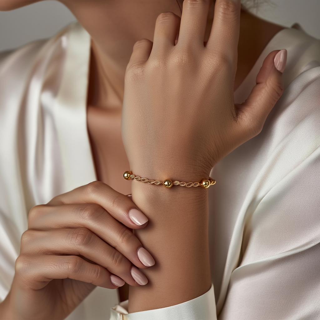 Pulseira Malha Corda com Esferas em Ouro 19kl (18cm)