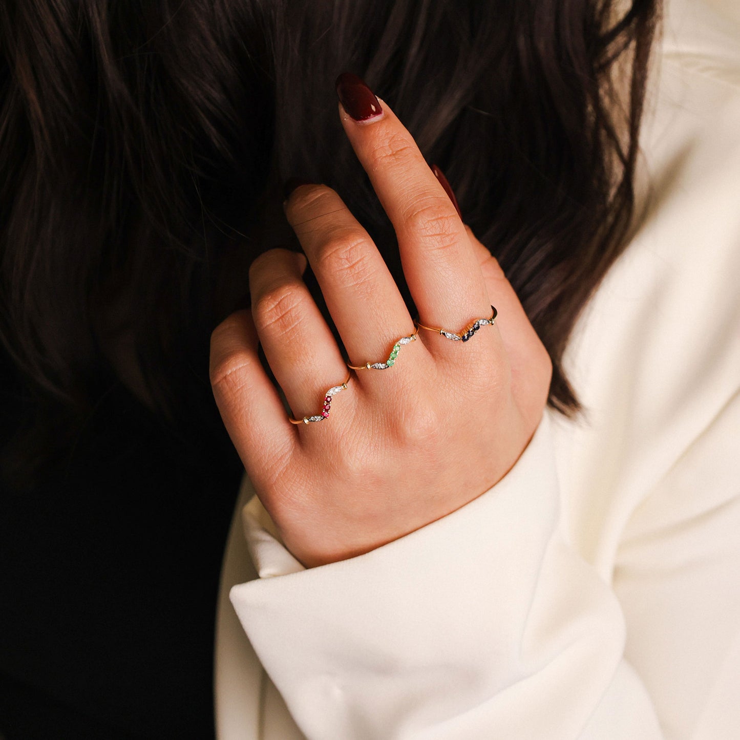 Anel Zig Zag em Ouro 19kl com Topázio Vermelho e Zircónias (T21)