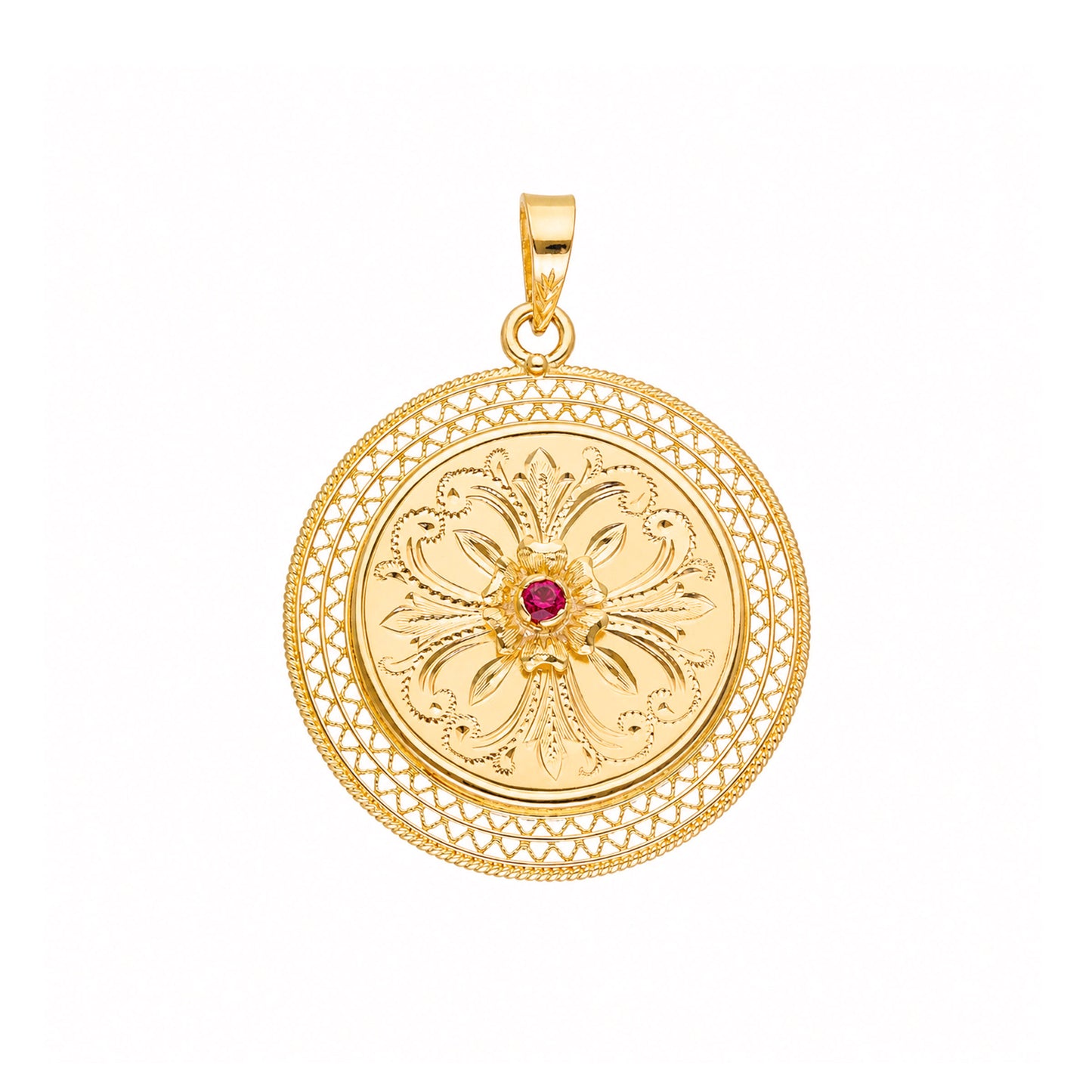 Medalha Floral em Ouro 19kl com Rubi (2.9cm)
