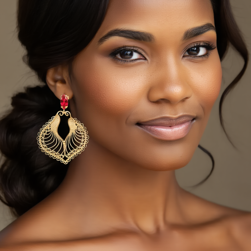 Harp Earrings in Gold Plated Silver with Red Stone