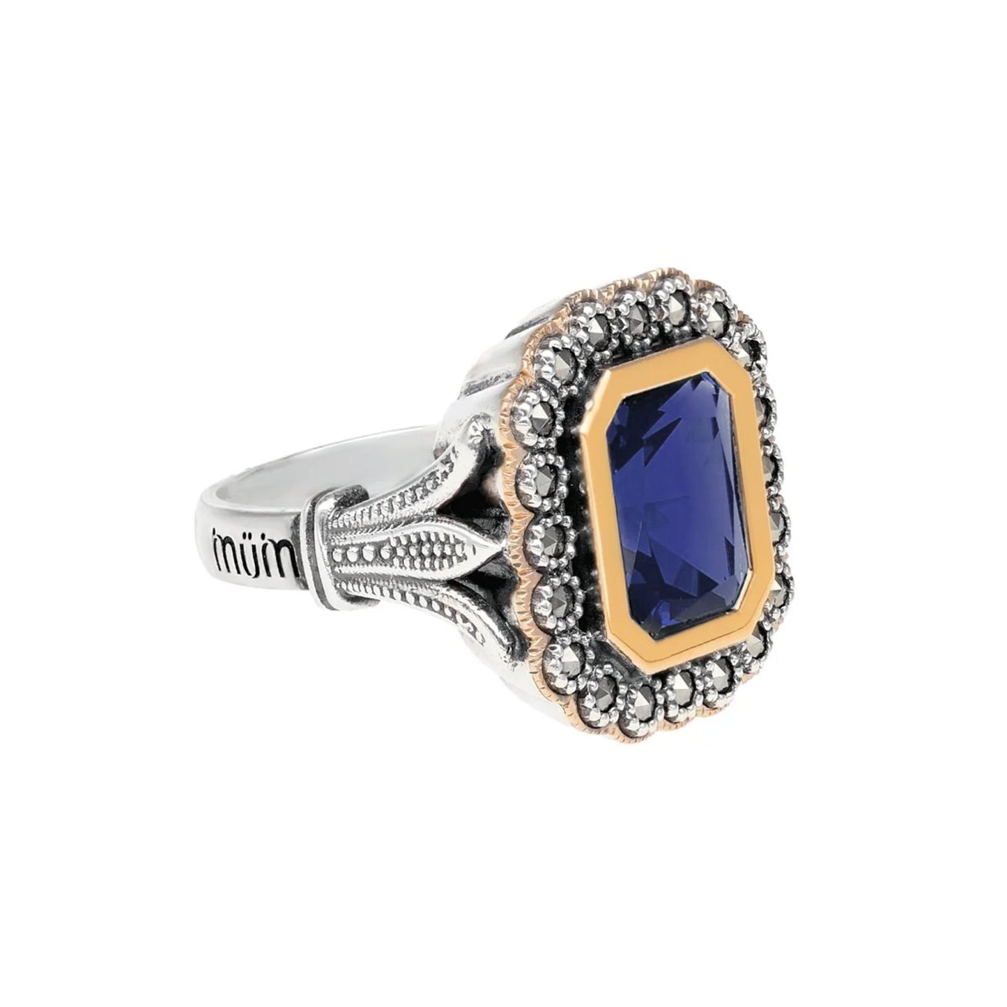 Anel D. Sofia em Prata e Ouro 9kl com Marcassites e Pedra Azul - Loja do Ouro