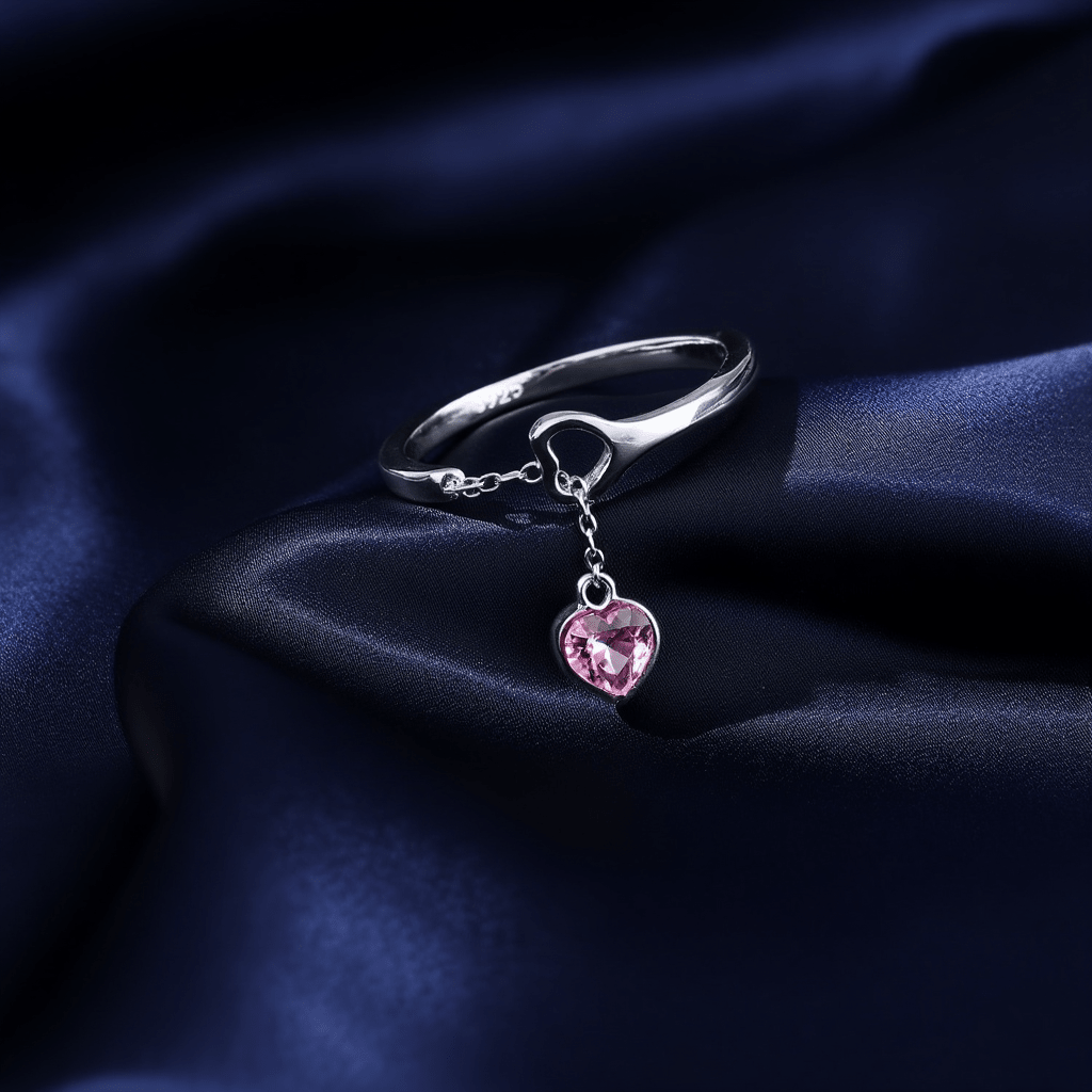 Anel em Prata com Pendente Coração Rosa - Loja do Ouro