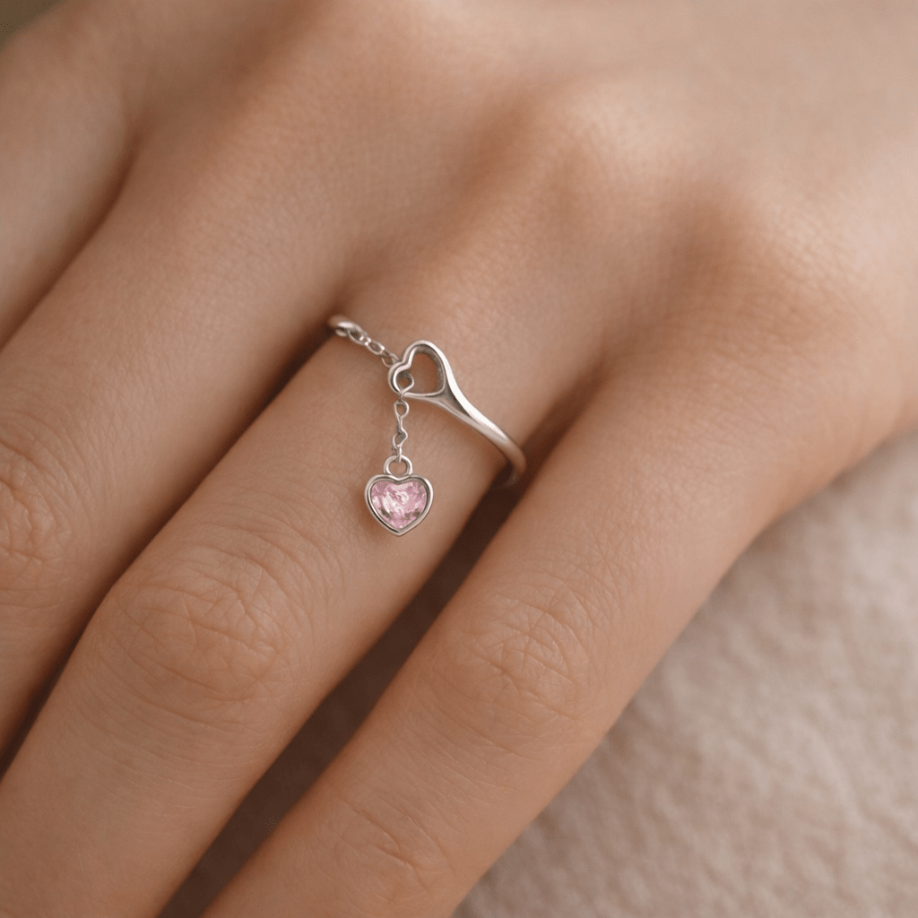 Anel em Prata com Pendente Coração Rosa - Loja do Ouro