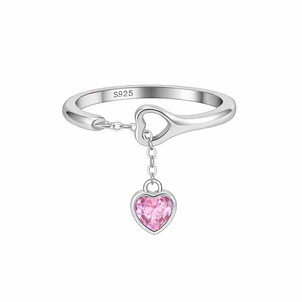 Anel em Prata com Pendente Coração Rosa - Loja do Ouro