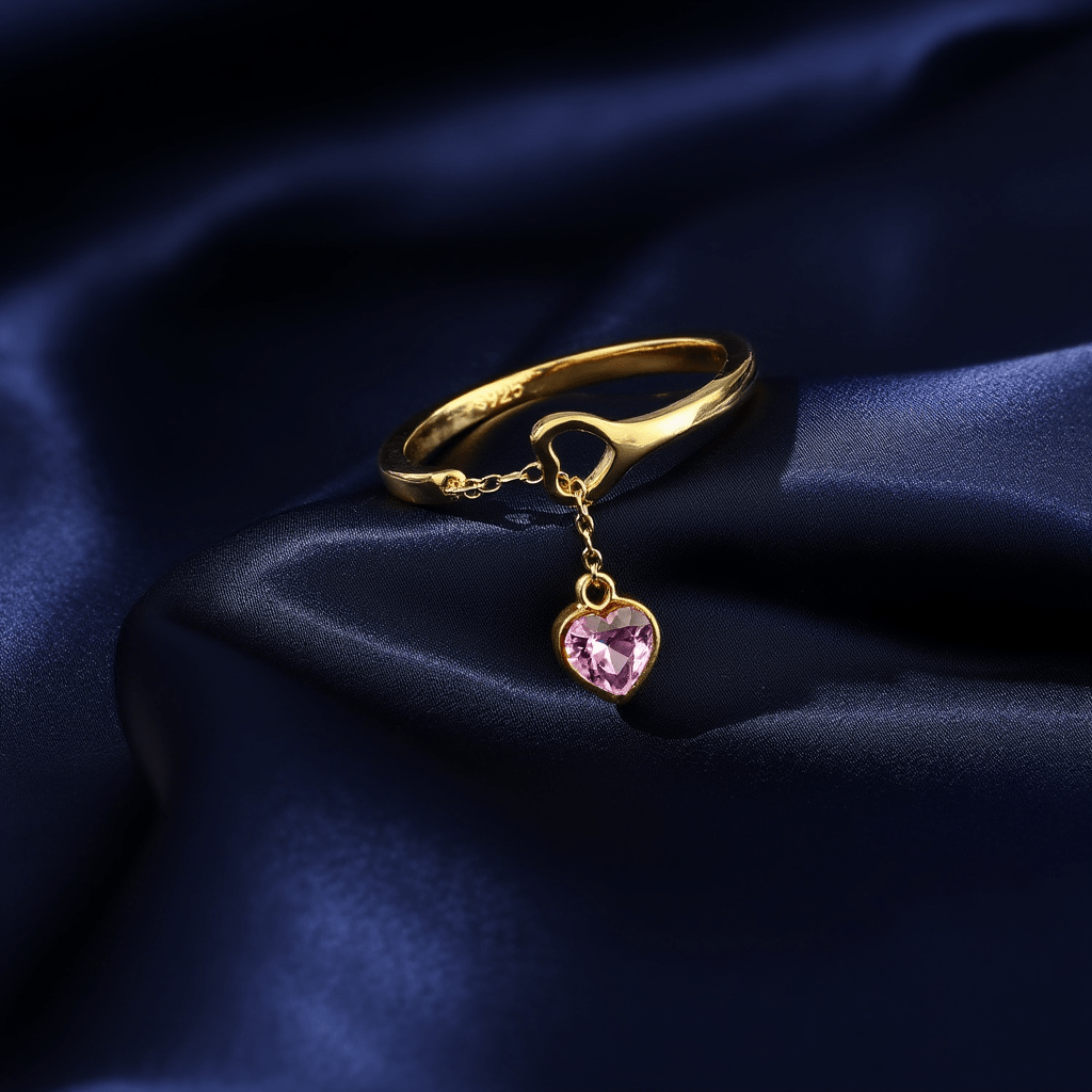 Anel em Prata Dourada com Pendente Coração Rosa - Loja do Ouro