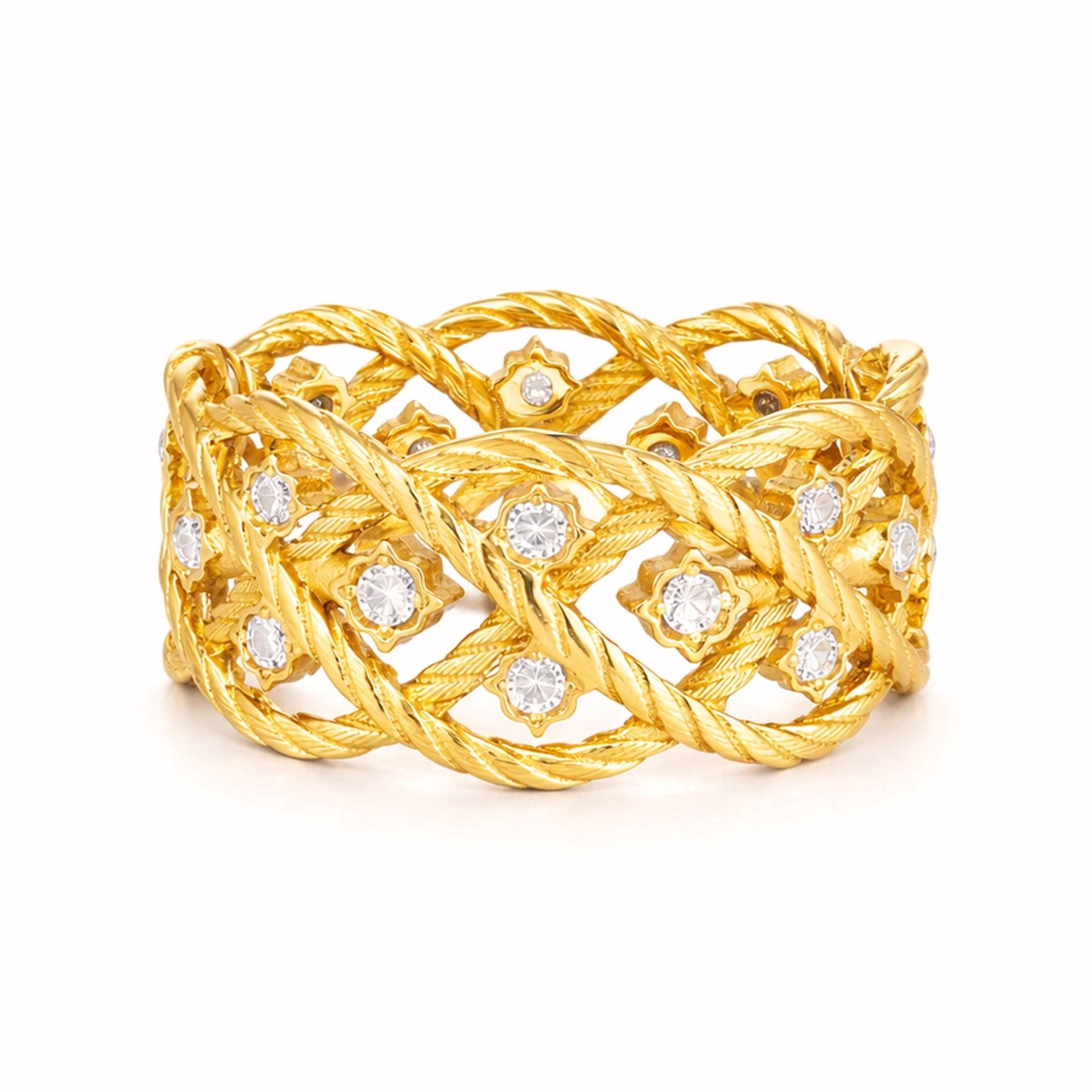 Anel Entrelaçado em Prata Dourada com Zircónias - Loja do Ouro