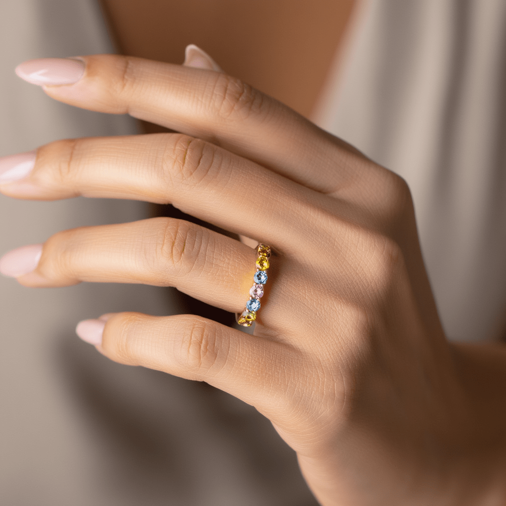 Anel Meia Memória em Ouro 19kl com Topázios Coloridos (T15) - Loja do Ouro