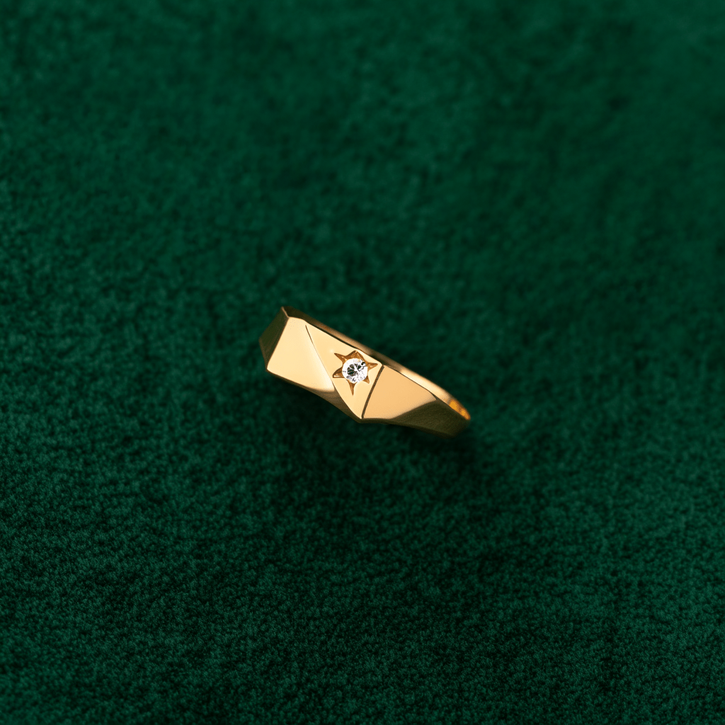 Anel Mesa Retangular em Ouro 19kl com Estrela e Zircónia (T26) - Loja do Ouro