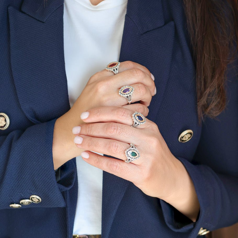 Anel Oval em Prata e Ouro 9kl com Pedra Verde - Loja do Ouro