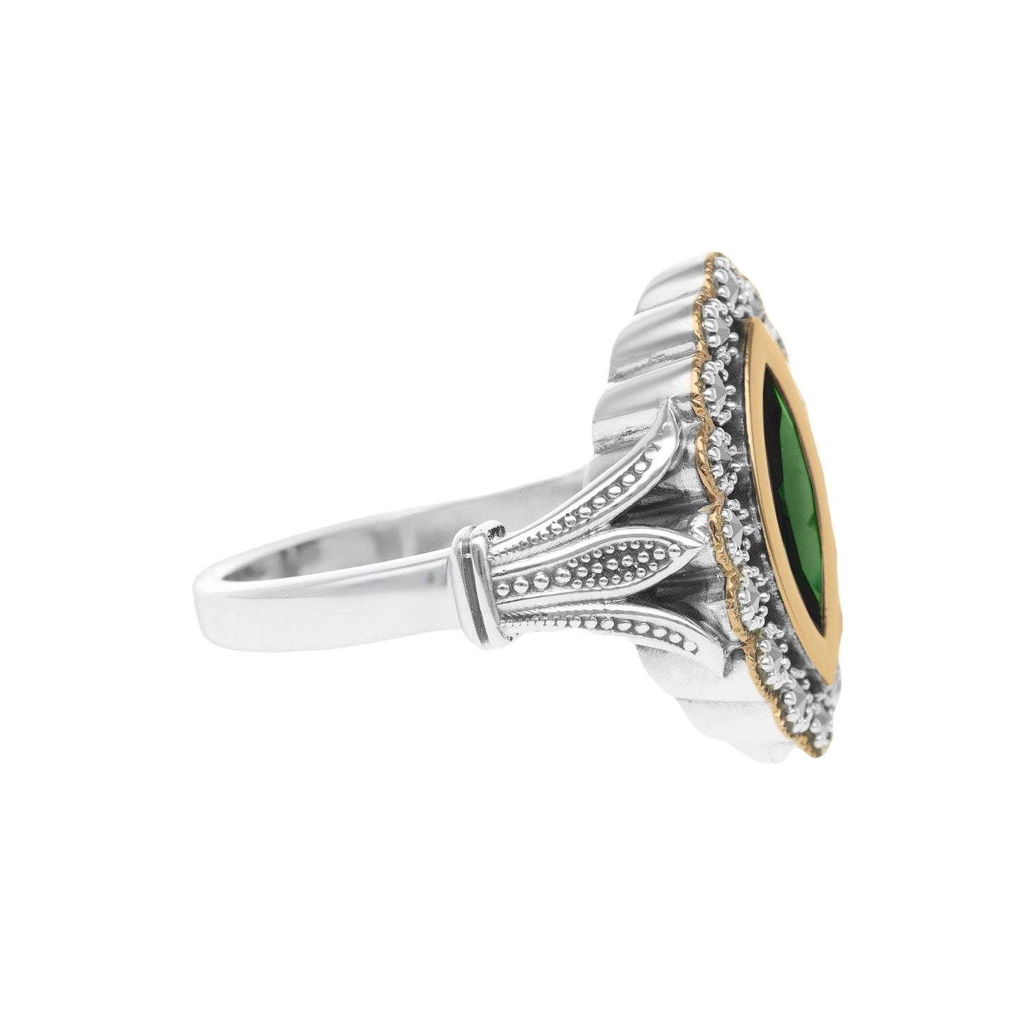 Anel Oval em Prata e Ouro 9kl com Pedra Verde - Loja do Ouro