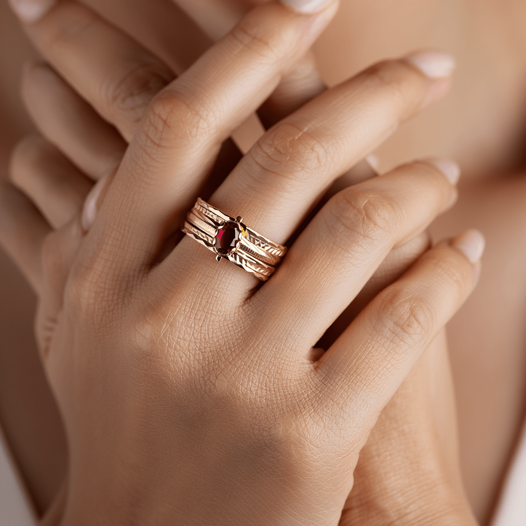 Anel Sete Escravas em Ouro 19kl com Pedra Vermelha (T16) - Loja do Ouro