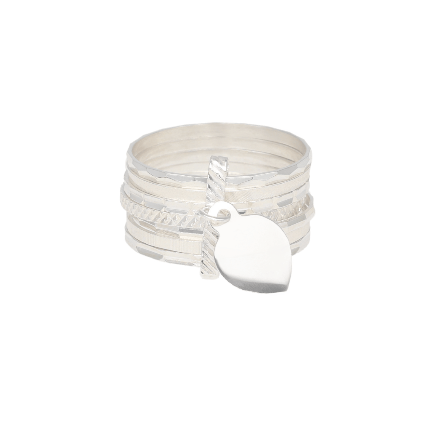 Anel Sete Escravas em Prata com Aros Lapidados e Coração - Loja do Ouro