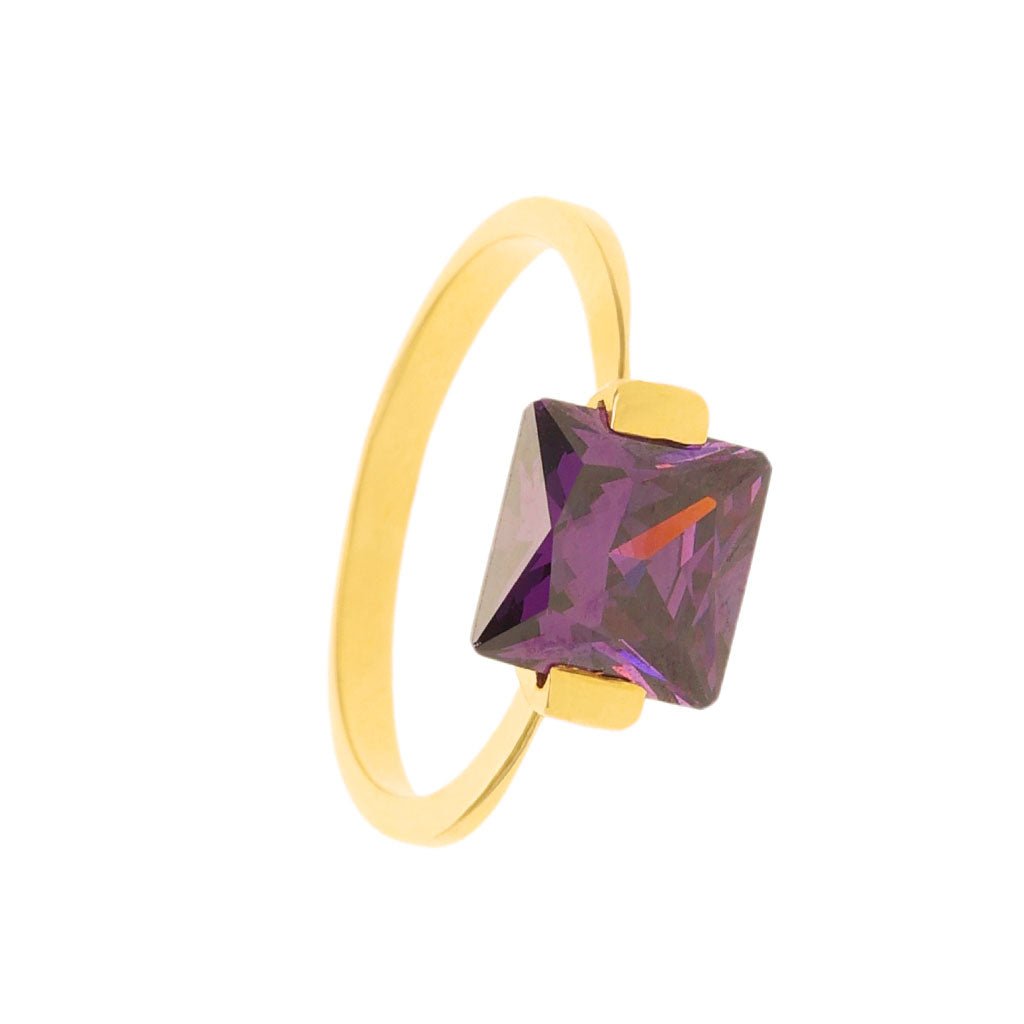 Anel Solitário em Ouro 19kl com Pedra Quadrada Roxa (T15) - Loja do Ouro