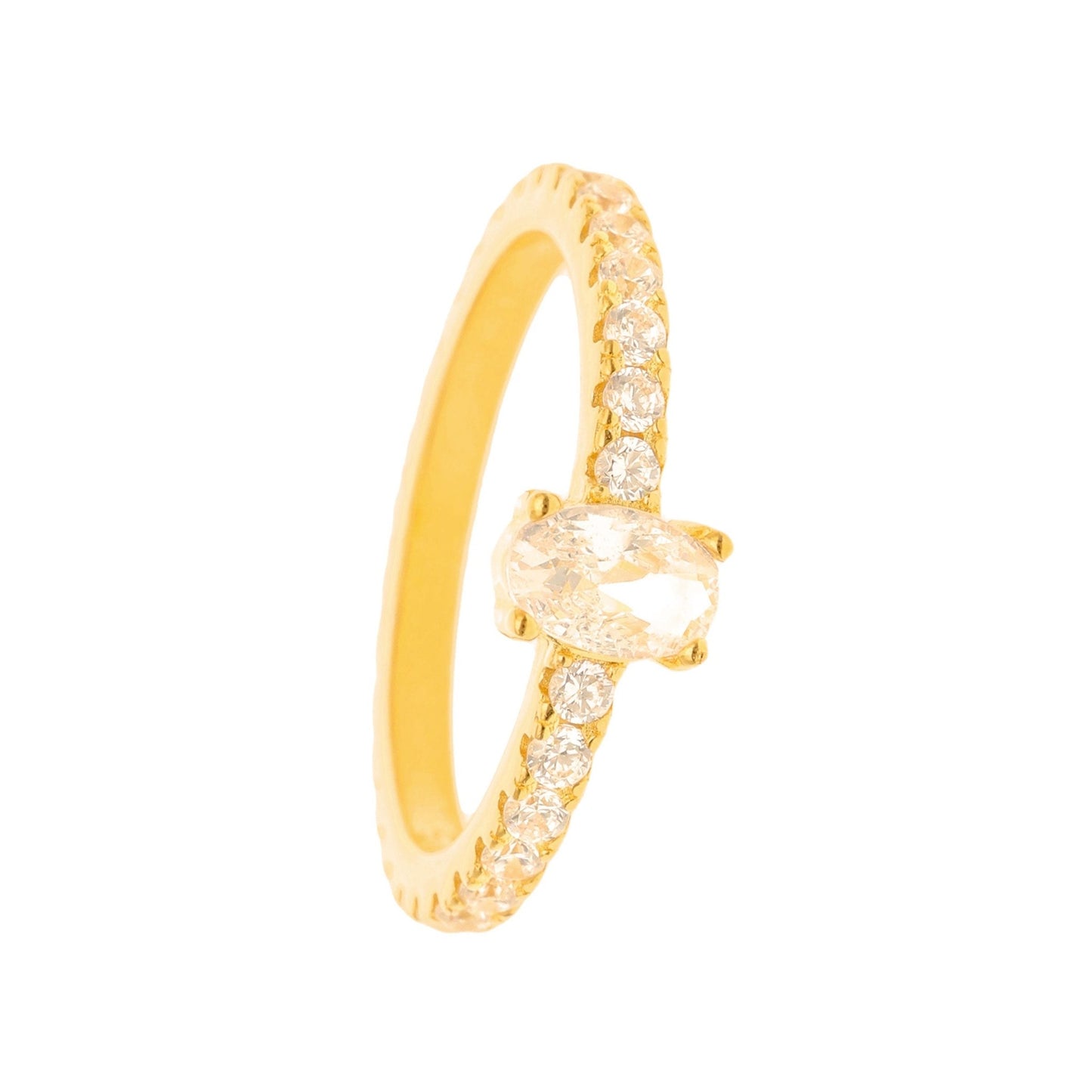 Anel Solitário em Prata Dourada com Zircónia Oval - Loja do Ouro