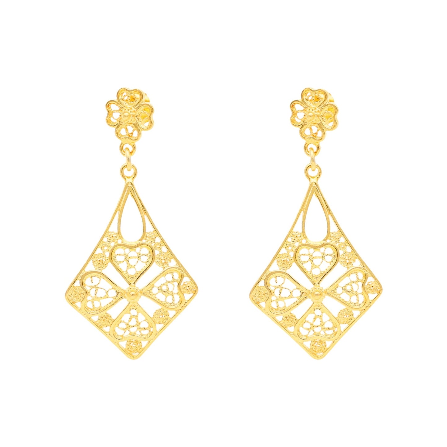 Brincos Amália em Prata Dourada com Trevos e Filigrana - Loja do Ouro