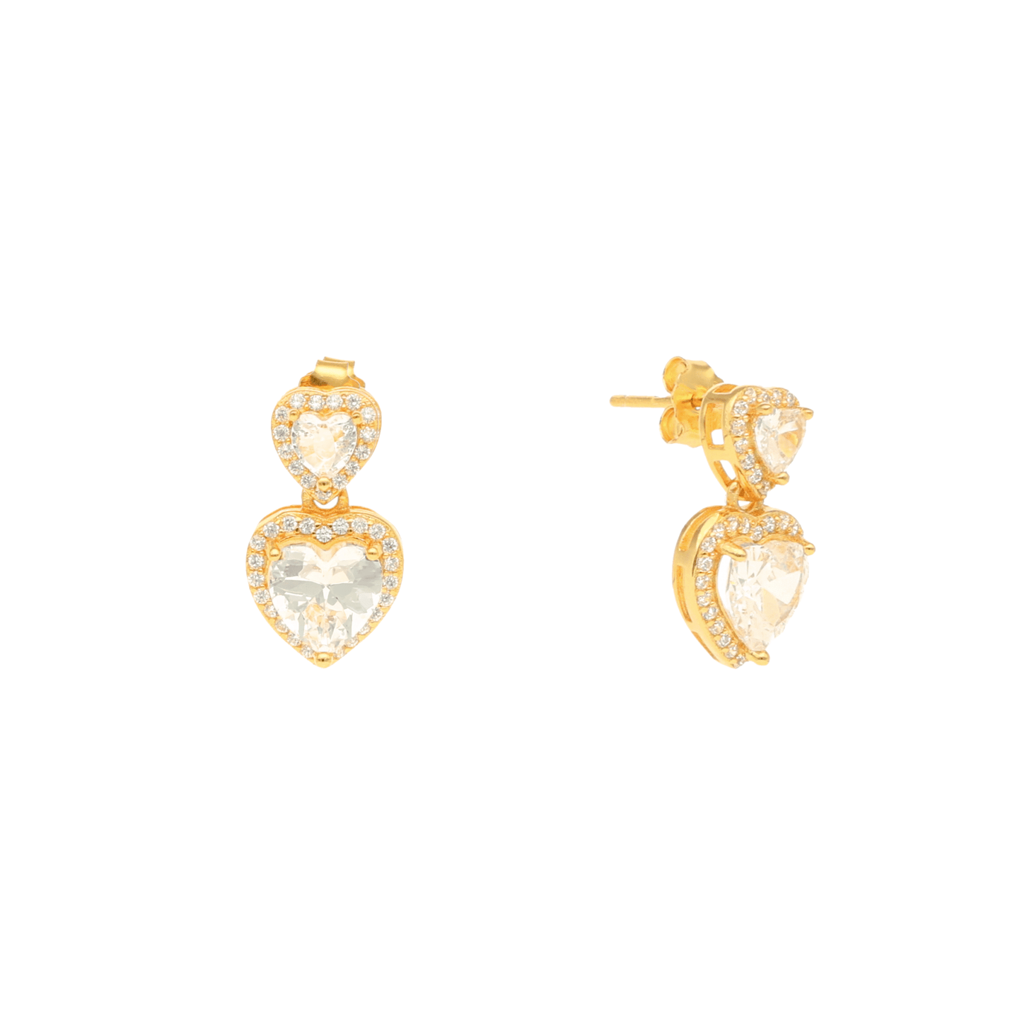 Brincos Dois Zircões Coração em Prata Dourada - Loja do Ouro