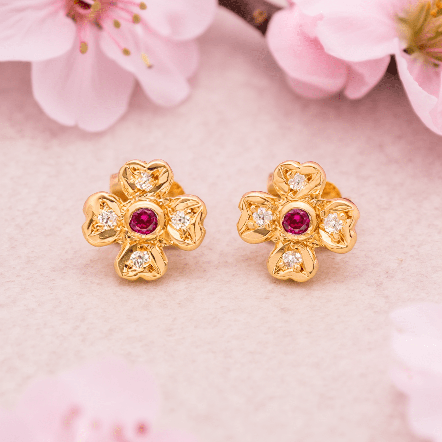 Brincos em Ouro 19kl em Forma de Flor com Rubi Sintético e Zircónias - Loja do Ouro