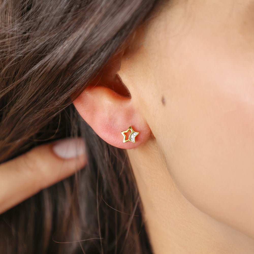 Brincos Estrela em Prata Dourada com Lua de zircónias - Loja do Ouro