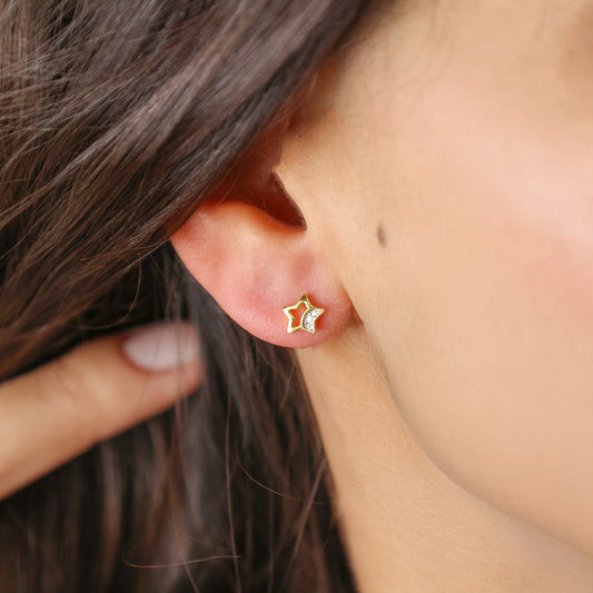 Brincos Estrela em Prata Dourada com Lua de zircónias - Loja do Ouro