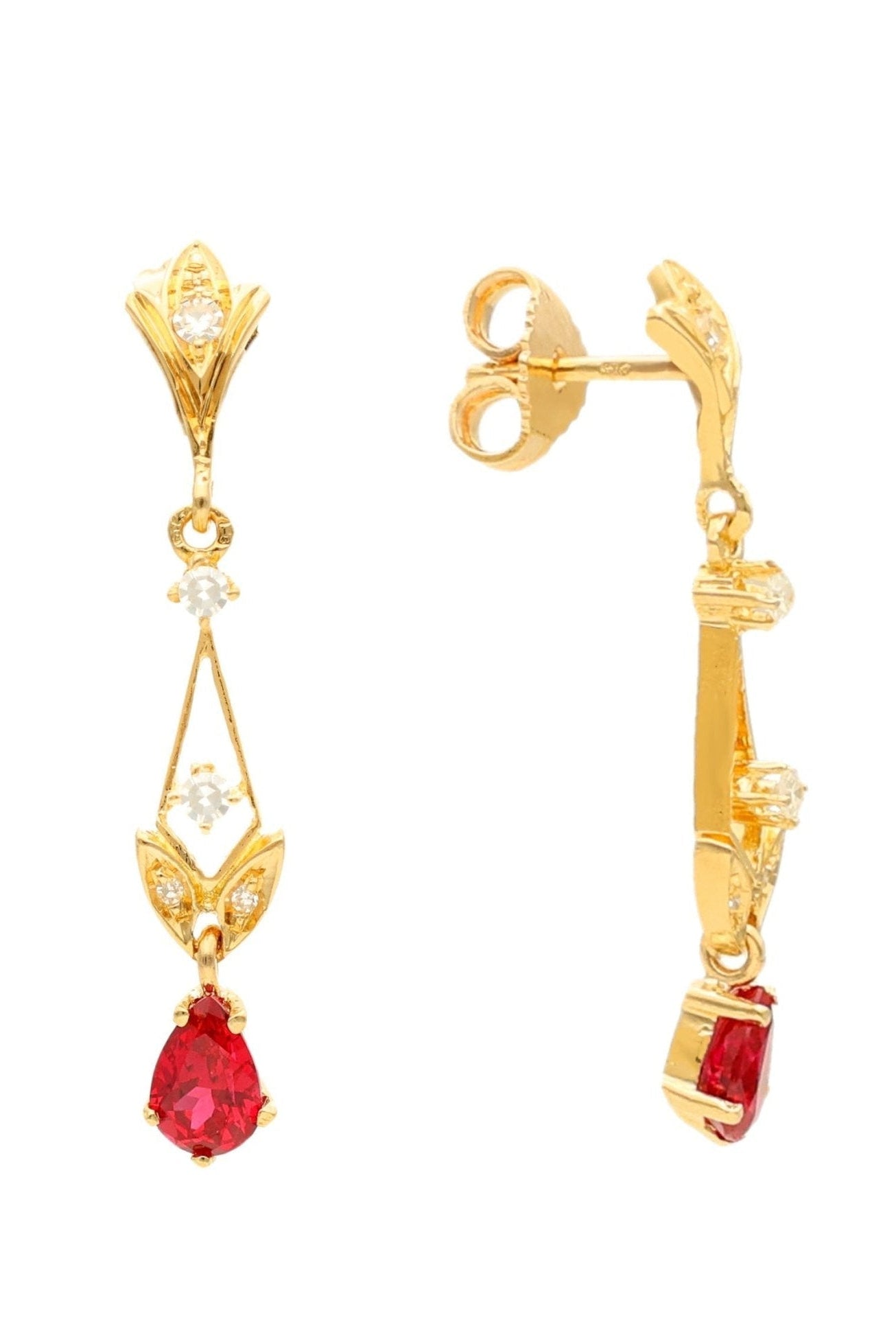 Brincos Pendentes em Ouro 19kl com Rubi e Diamantes (3.2cm) - Loja do Ouro