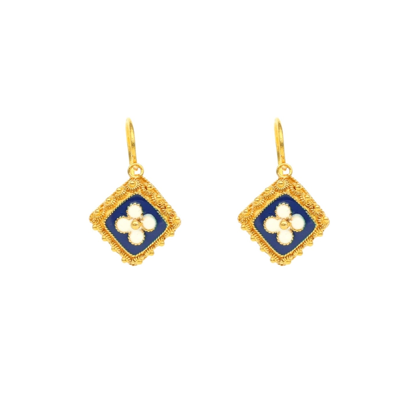 Brincos Quadrados em Ouro 19kl com Caramujos e Esmalte Azul (1.4cm) - Loja do Ouro