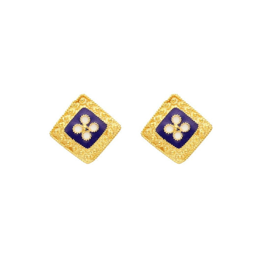 Brincos Tradição Quadrados em Prata Dourada e Esmalte Azul - Loja do Ouro