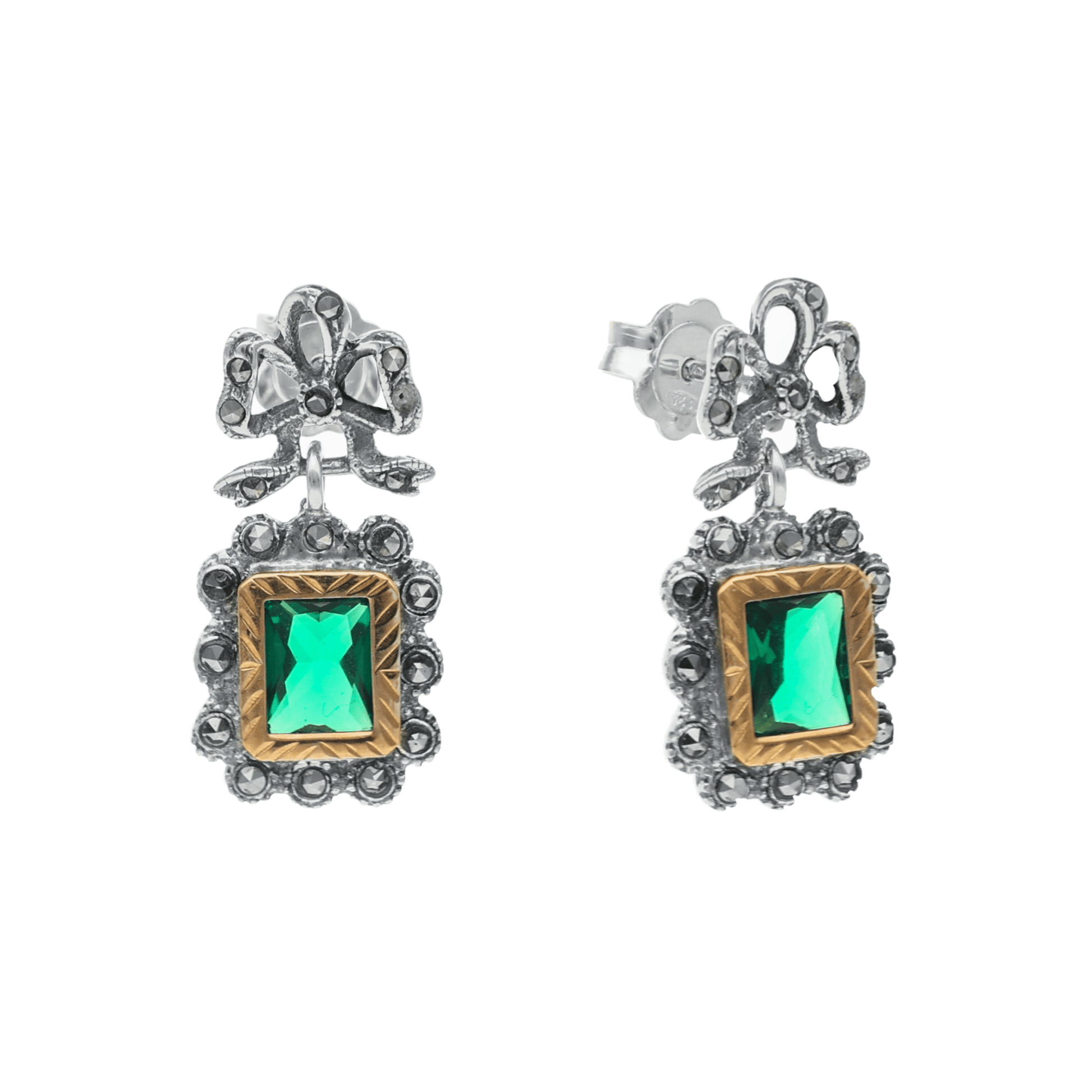 Brincos Vintage Quadrado em Prata com Pedra Verde - Loja do Ouro