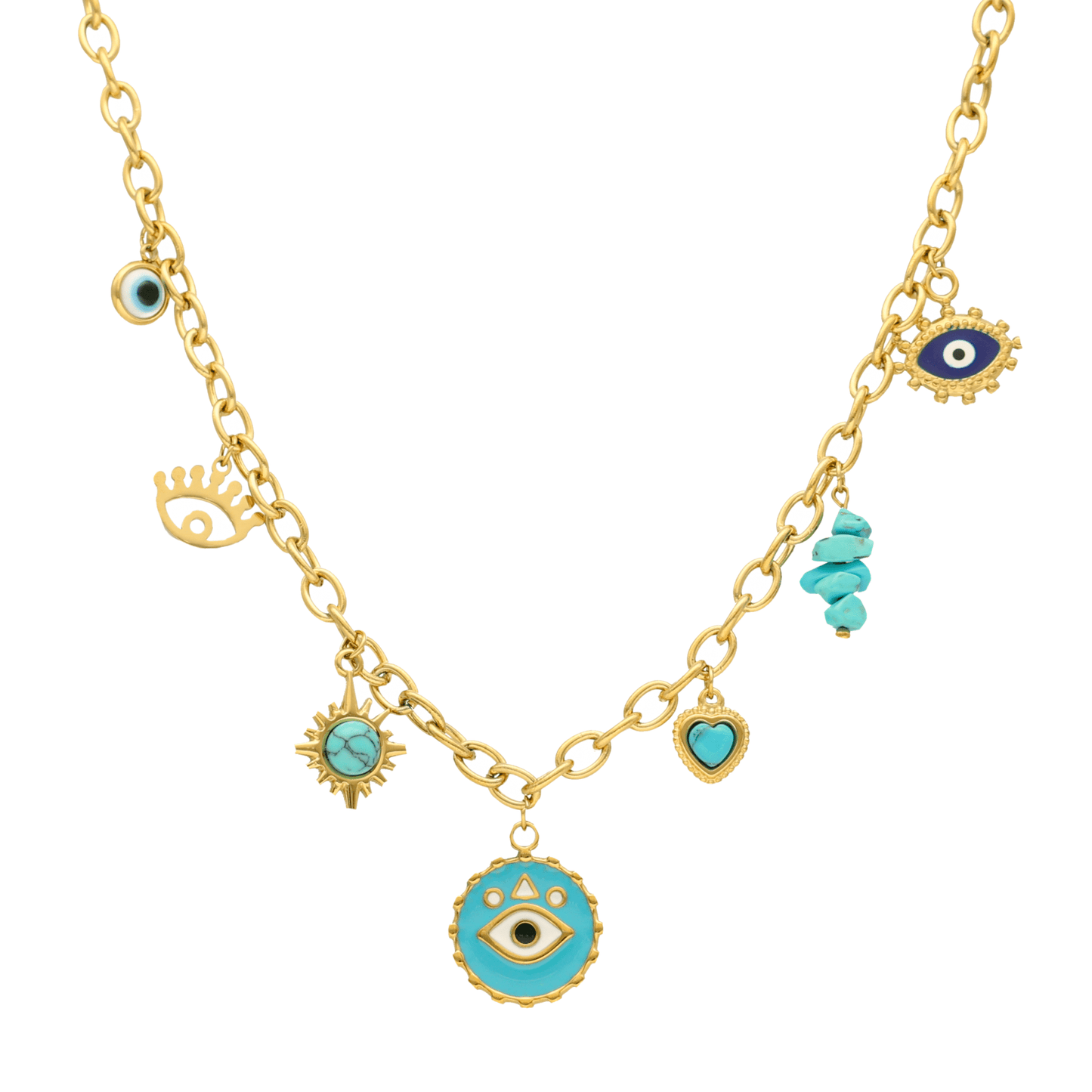 Colar Mystic em Aço Dourado com Pendentes Olho Turco - Loja do Ouro
