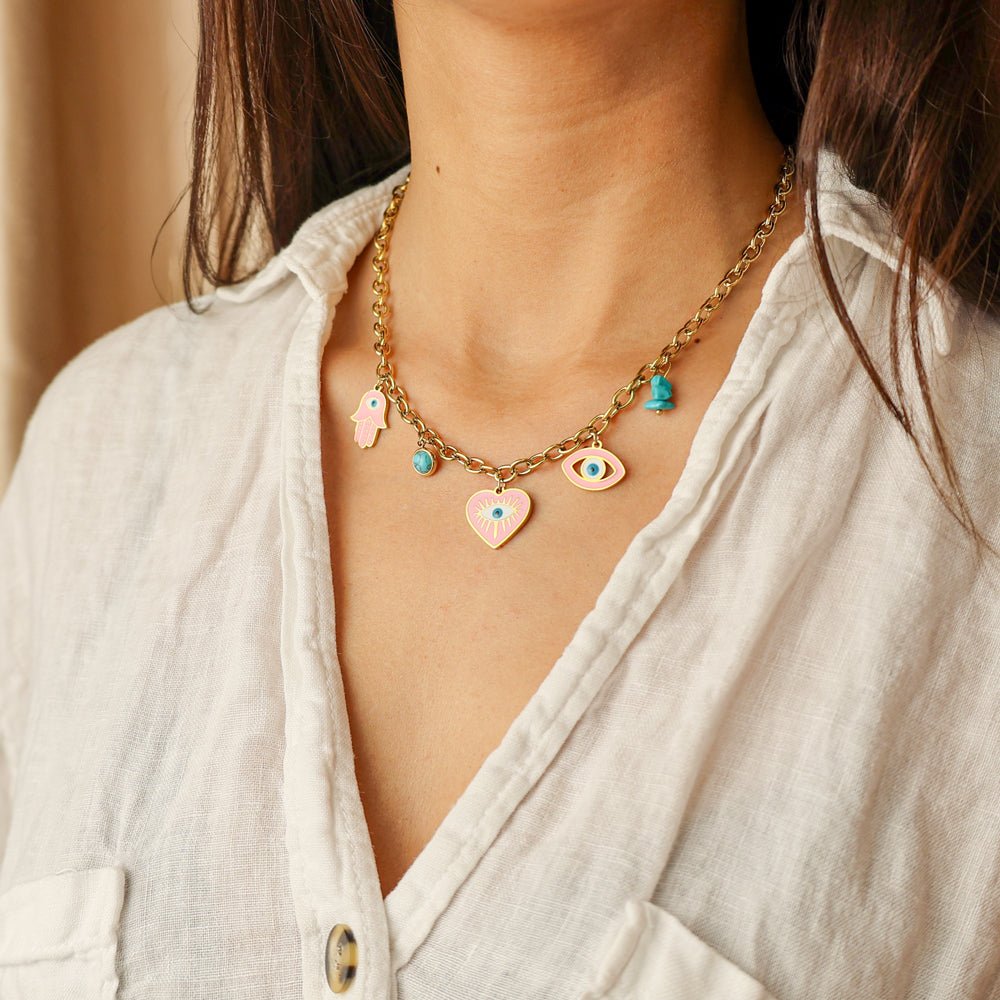 Colar Mystic Rose em Aço Dourado com Pendentes Olho Turco - Loja do Ouro