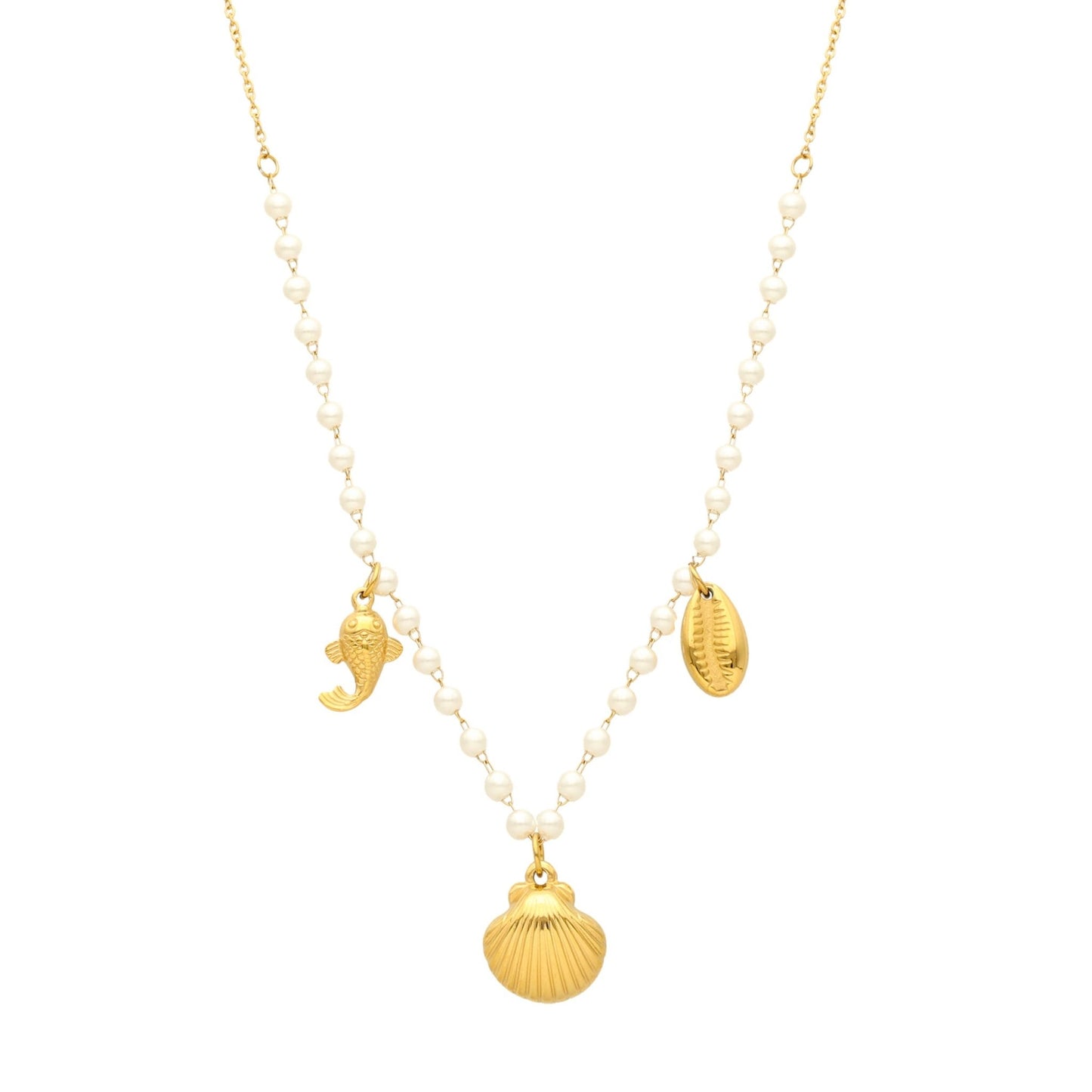 Colar Sea Pearls em Aço Dourado com Pérolas e Pendentes de Verão - Loja do Ouro