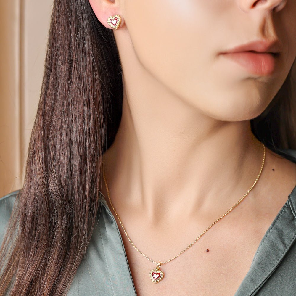 Conjunto Coração Caramujos em Prata com Esmalte Vermelho - Loja do Ouro