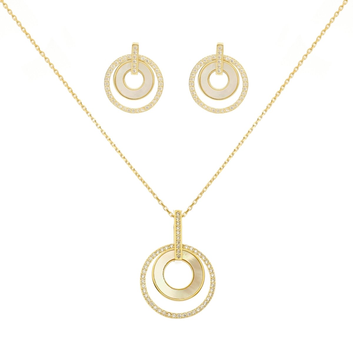 Conjunto Fio e Brincos Circulo Duplo em Prata com Madrepérola e Zircónias - Loja do Ouro