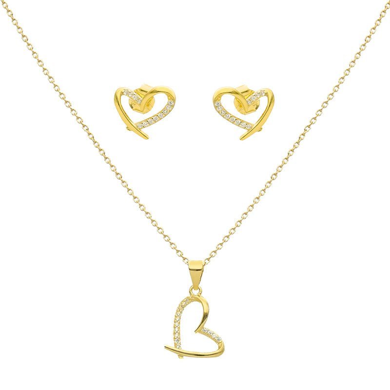 Conjunto Fio e Brincos em Prata Dourada com Coração Estilizado e Zircónias - Loja do Ouro