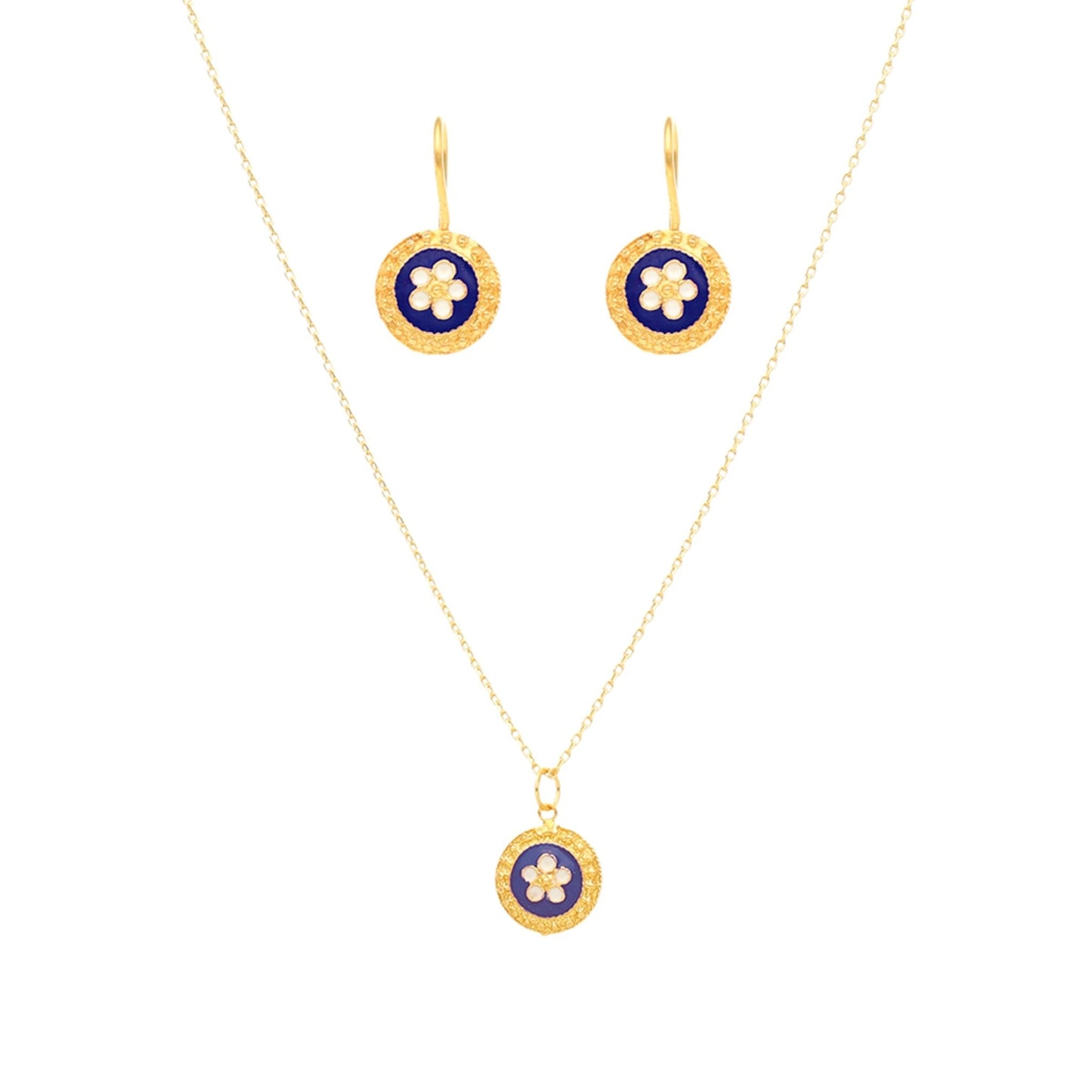 Conjunto Fio e Brincos em Prata Dourada com Medalha Caramujos Redonda Azul - Loja do Ouro