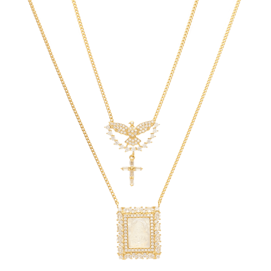 Escapulário em Prata Dourada com Imagem Religiosa em Madrepérola com Pomba e Cruz - Loja do Ouro