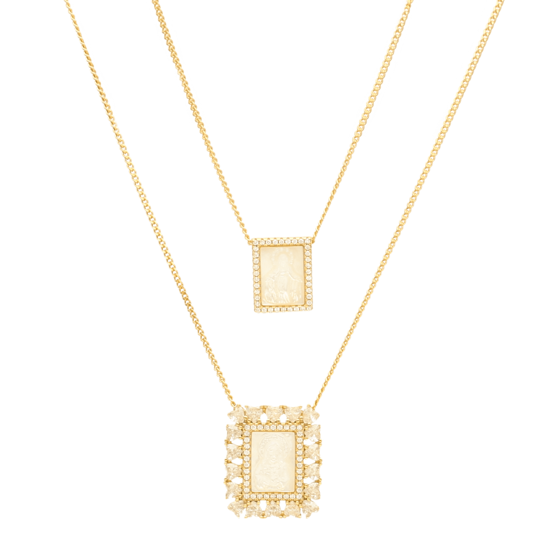 Escapulário em Prata Dourada com Imagem Religiosa em Madrepérola com Zircónias em Coração - Loja do Ouro