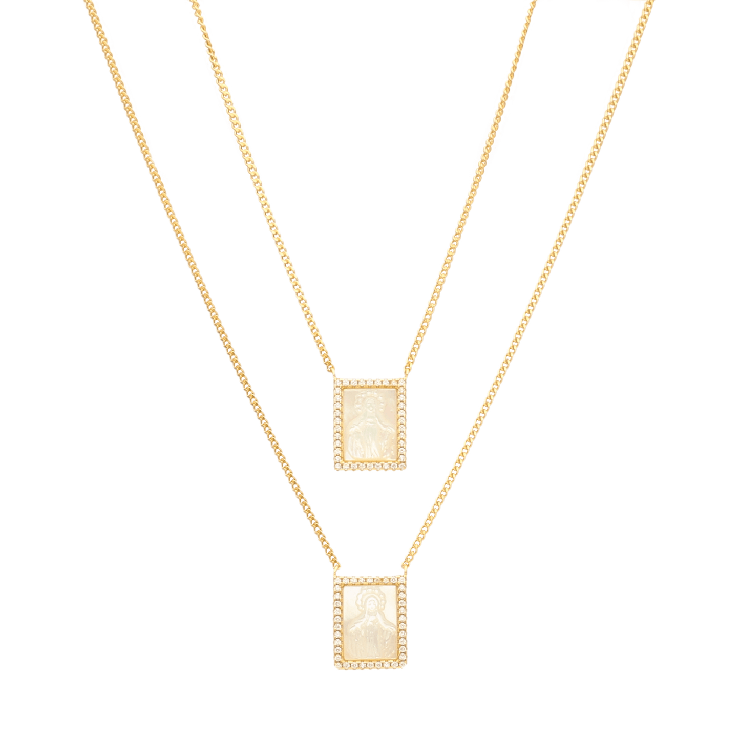 Escapulário em Prata Dourada com Imagem Religiosa em Madrepérola e Zircónias - Loja do Ouro