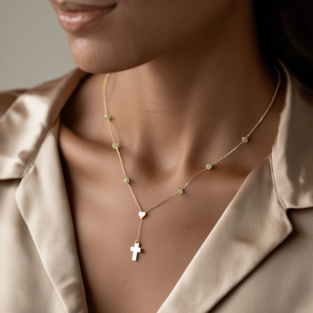 Fio com Cruz, Coração em Ouro 19kl e Pedras Verdes (40cm) - Loja do Ouro