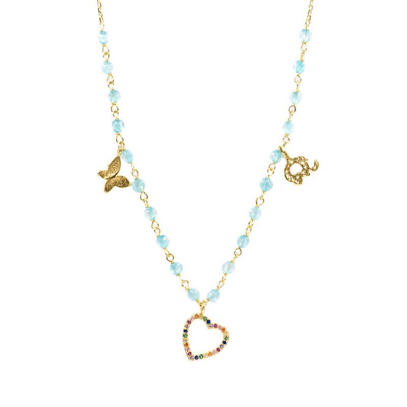 Fio em Prata Dourada com Coração e Contas Azuis - Loja do Ouro