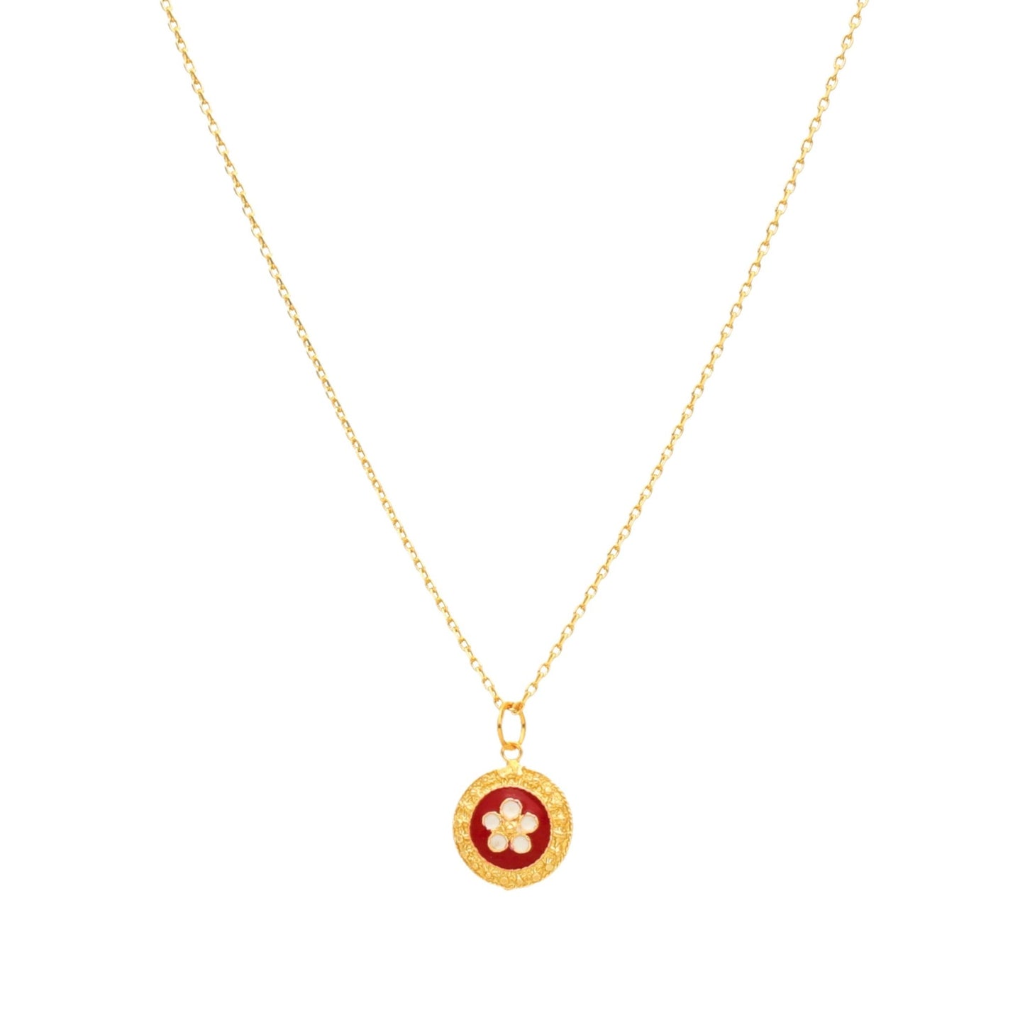 Fio Tradição em Prata dourada com Medalha Caramujos Redonda Vermelha - Loja do Ouro