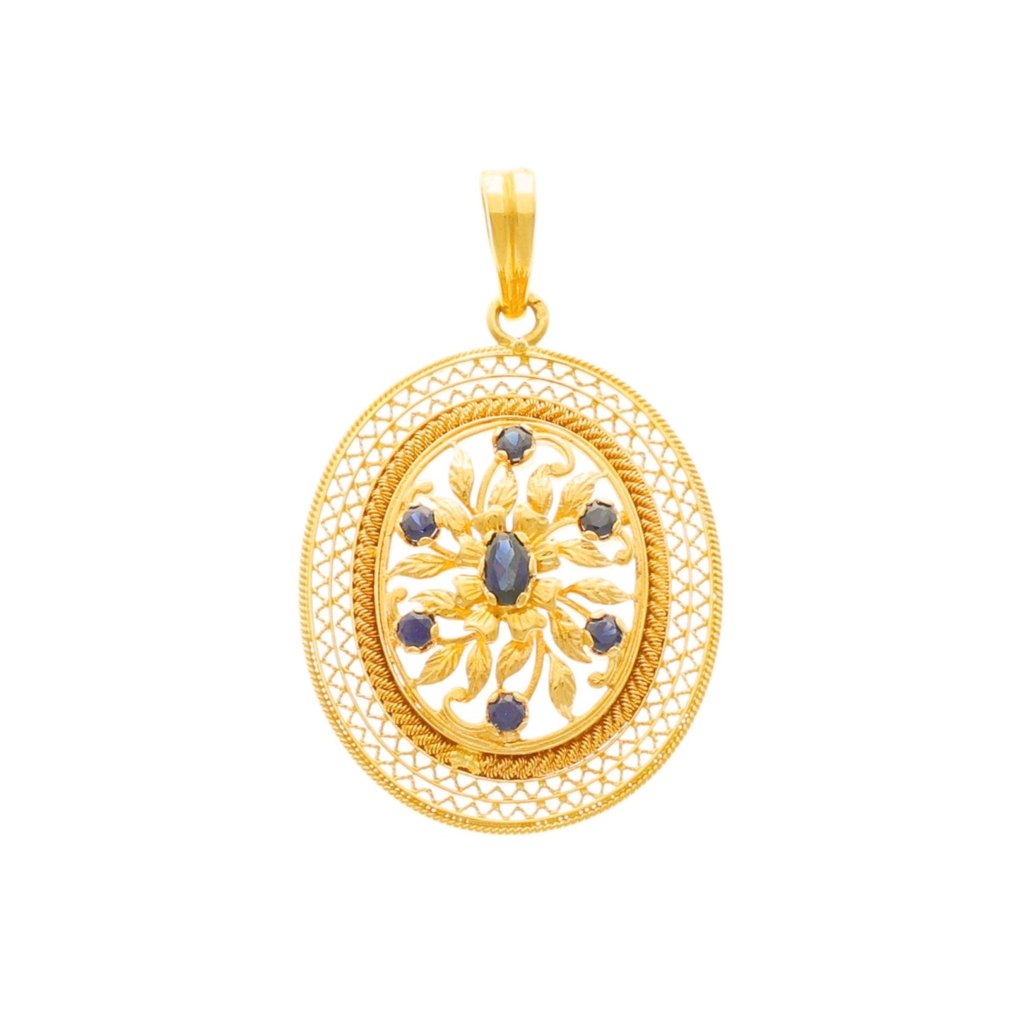 Medalha Oval em Ouro de 19kl com Motivos Florais e Topazios Azuis - Loja do Ouro