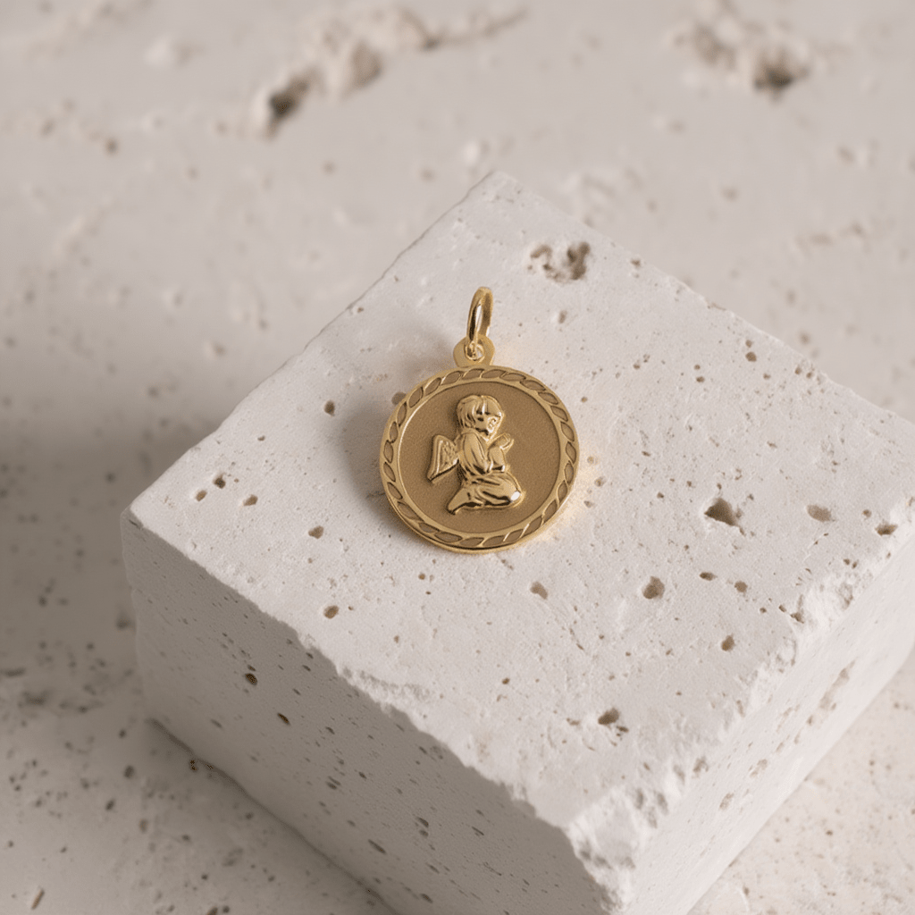 Medalha Redonda com Anjo da Guarda em Ouro de 19kl - Loja do Ouro