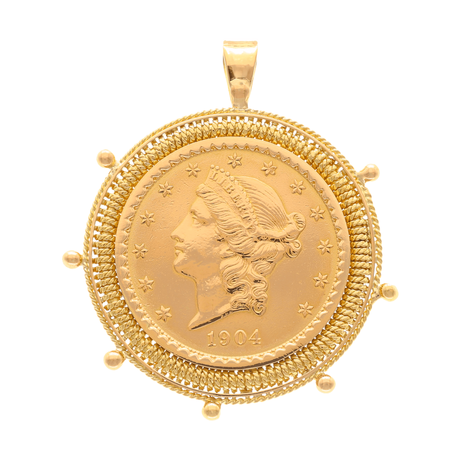 Moeda 20 Dólares (1904) em Ouro 22kl com Aro estilo Leme em Ouro 19kl - Loja do Ouro