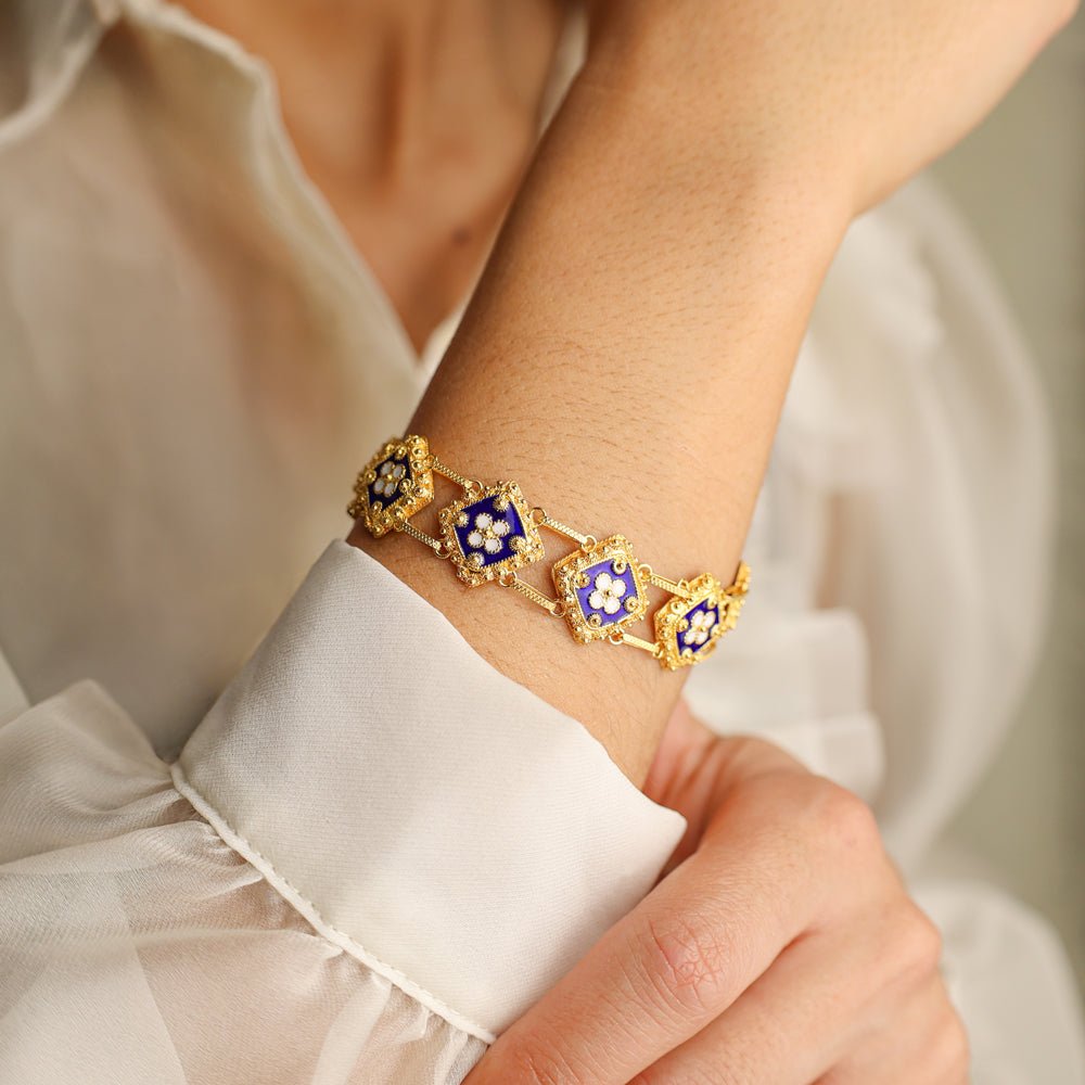 Pulseira Caramujos em Ouro 19kl com Motivos Florais em Esmalte (19cm) - Loja do Ouro