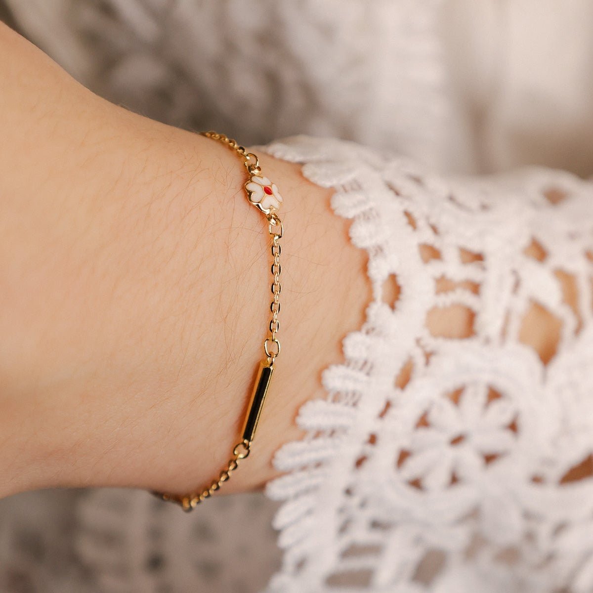 Pulseira em Ouro 19kl com Traves e Flores em Esmalte (18cm) - Loja do Ouro