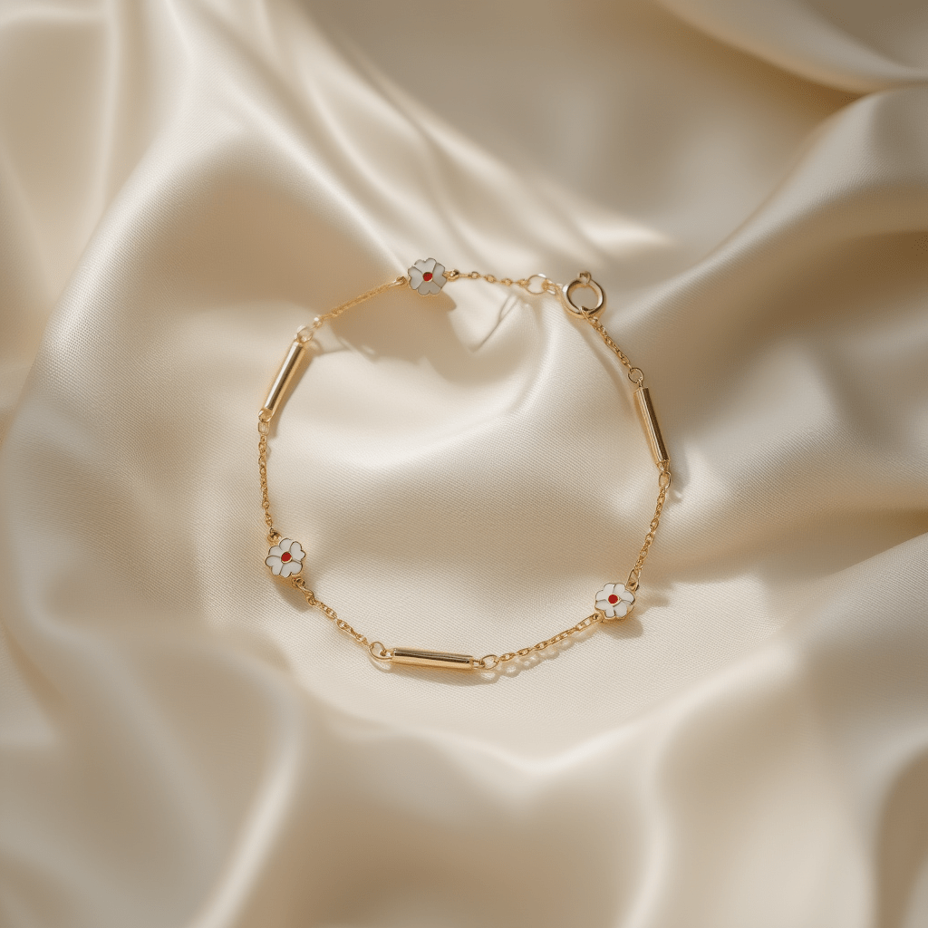 Pulseira em Ouro 19kl com Traves e Flores em Esmalte (18cm) - Loja do Ouro