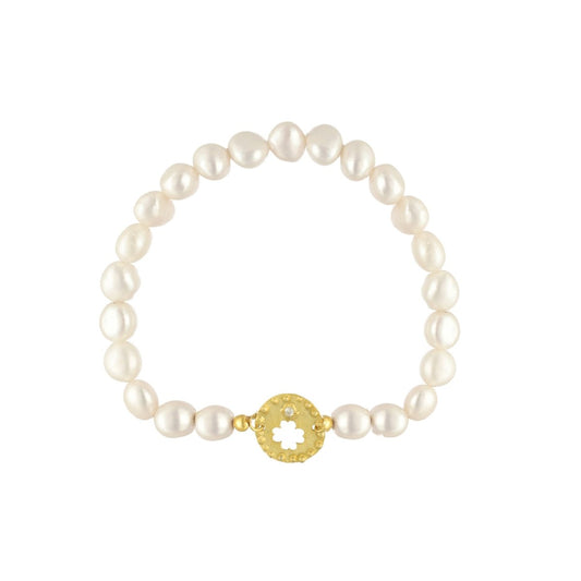 Pulseira em Prata Dourada com Pérolas e Medalha Trevo - Loja do Ouro