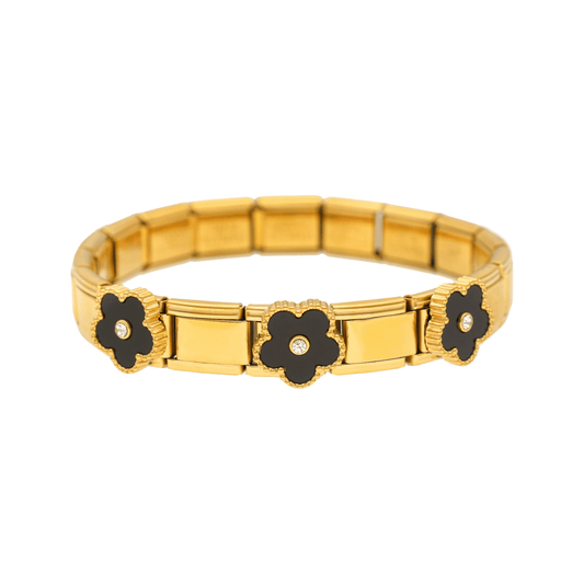 Pulseira Flor de Lotus em Aço Dourado com Flores Pretas - Loja do Ouro