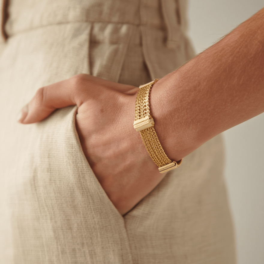 Pulseira Malha Virolinha em Ouro 19kl com Traves Trabalhadas (19cm) - Loja do Ouro